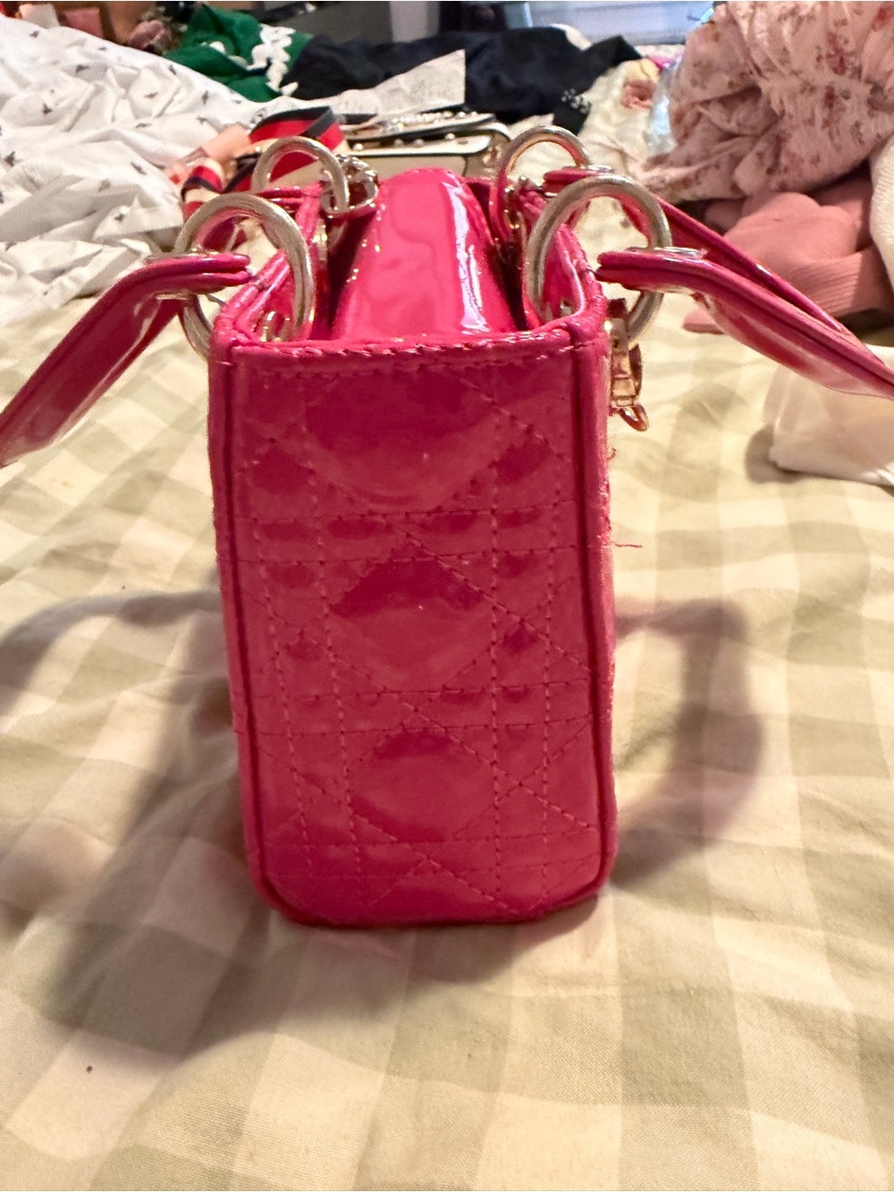 Designer inspired Hot Pink Patent Quilted Top-Handle Crossbody Bag - Picture 3 of 4